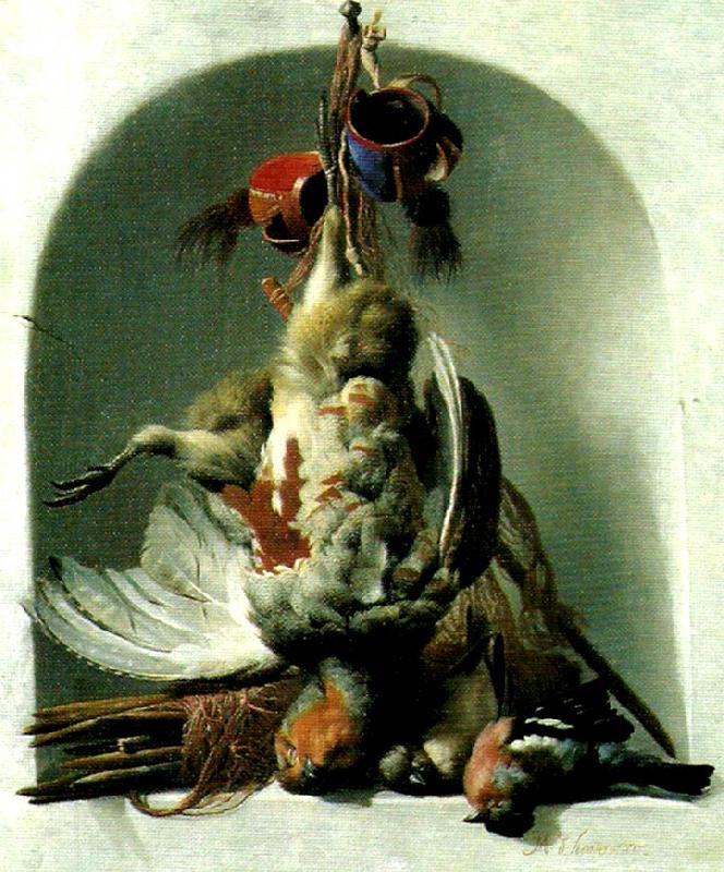 HONDECOETER, Melchior d stilleben med faglar och jaktredskap Sweden oil painting art